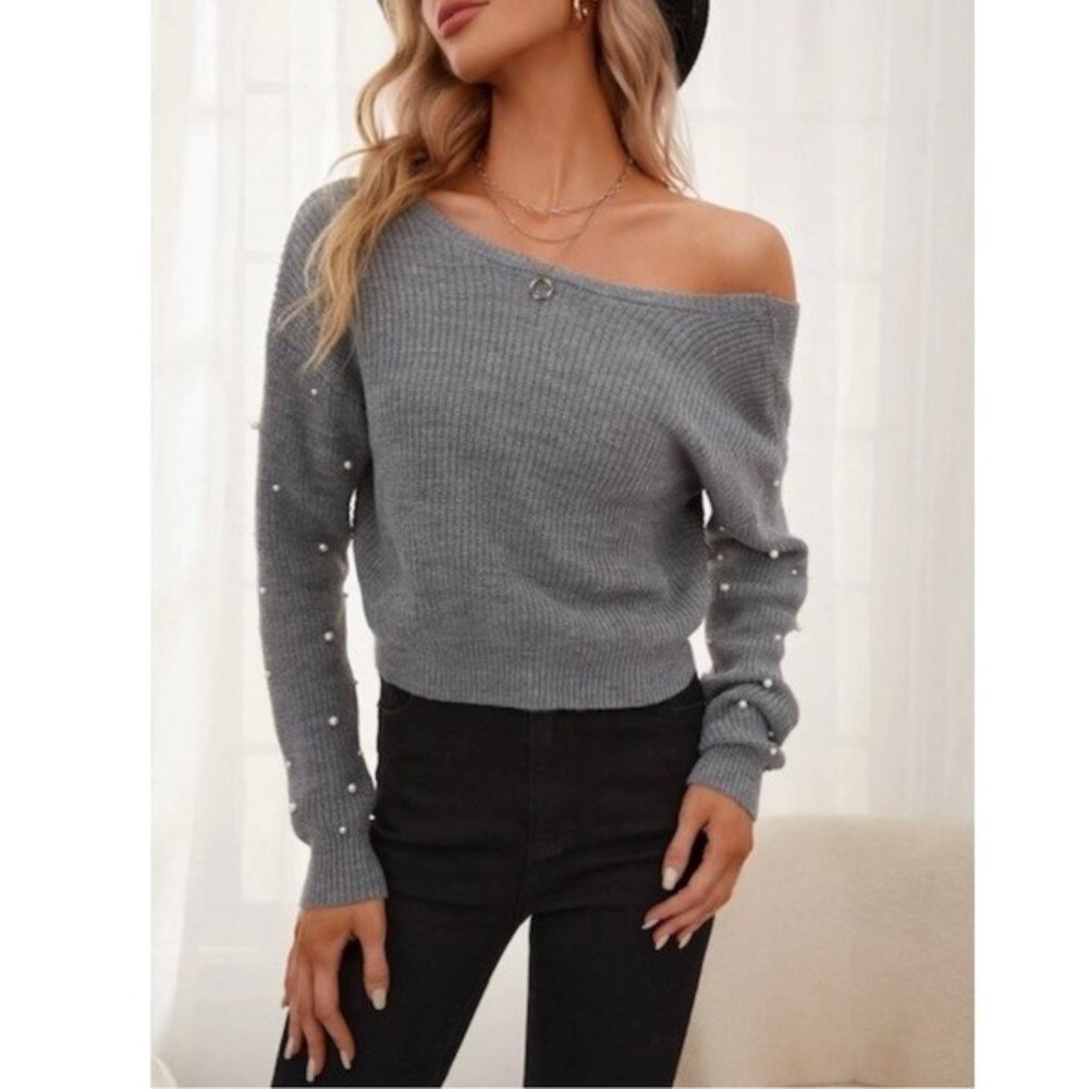 Gray Pearl Beaded Twist Back Drop Shoulder Cropped Sweater